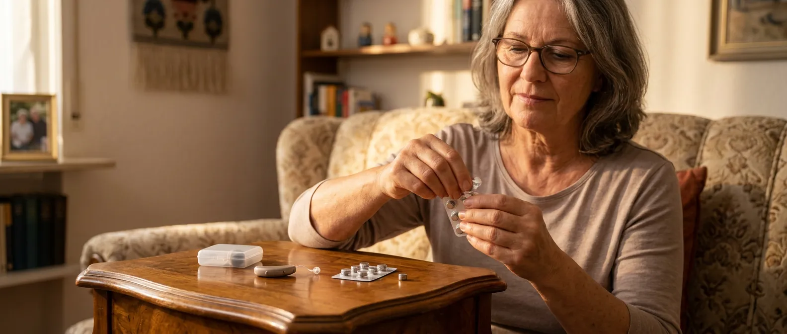 Frau hält Hörgerätebatterien-Blister im Wohnzimmer