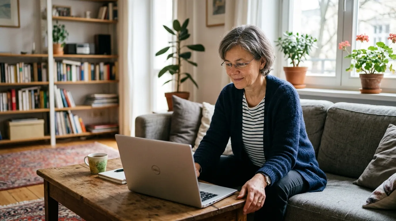 Frau liest Hörgerät-Informationen auf dem Laptop