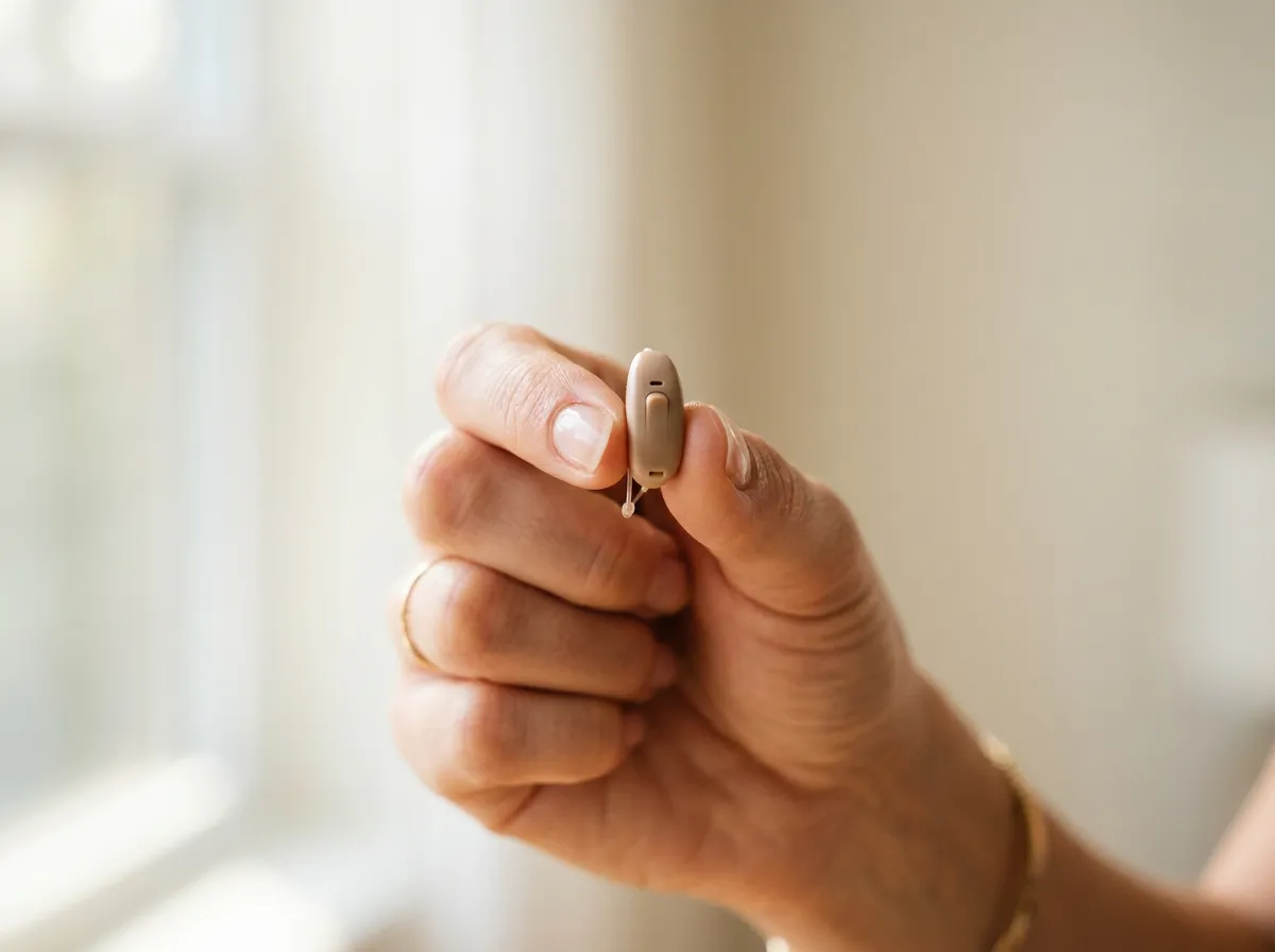 Modernes Hörgerät liegt auf Fingerkuppen