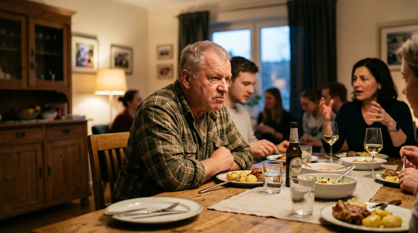 Älterer Mann am Esstisch strengt sich an, Gespräch zu folgen